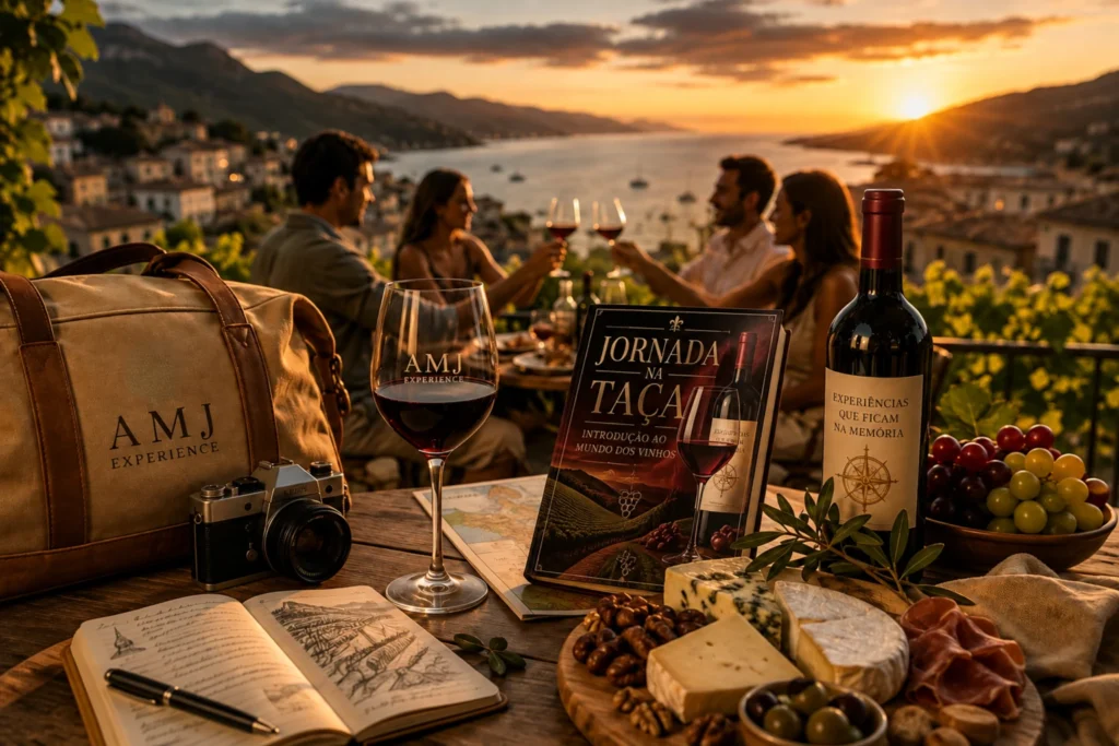 Amigos brindando durante uma experiência de viagem com vinho, gastronomia e paisagem ao pôr do sol