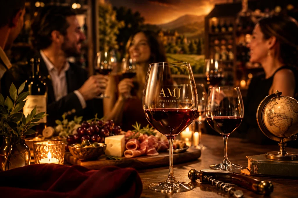 Pessoas brindando com vinho durante um encontro ao pôr do sol