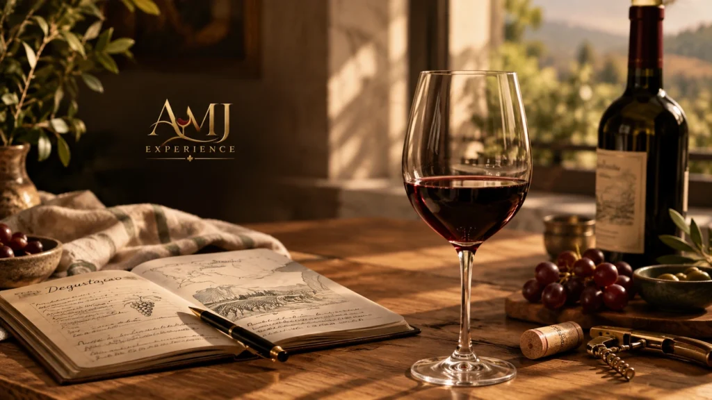 Mesa de degustação de vinhos com taça, garrafa e caderno